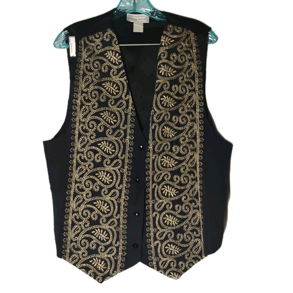 Vintage Fitting Image Womens 14/16 Black Gold Embroidered Dressy Vest Boho Artsy